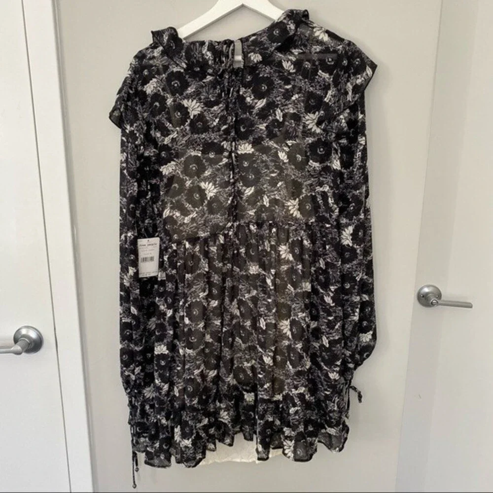Free People Dress These Dreams Black White Long Sleeve Ruffle Shift Mini Medium